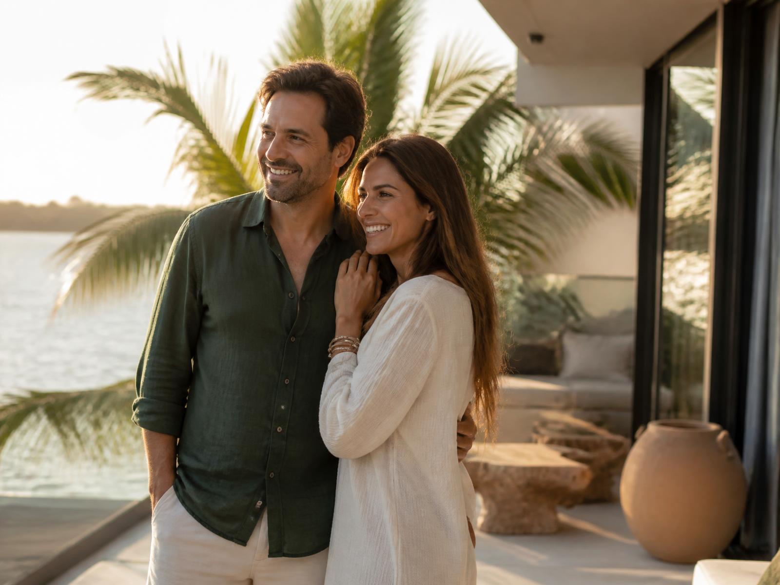 Couple enjoying a sunlit waterfront terrace