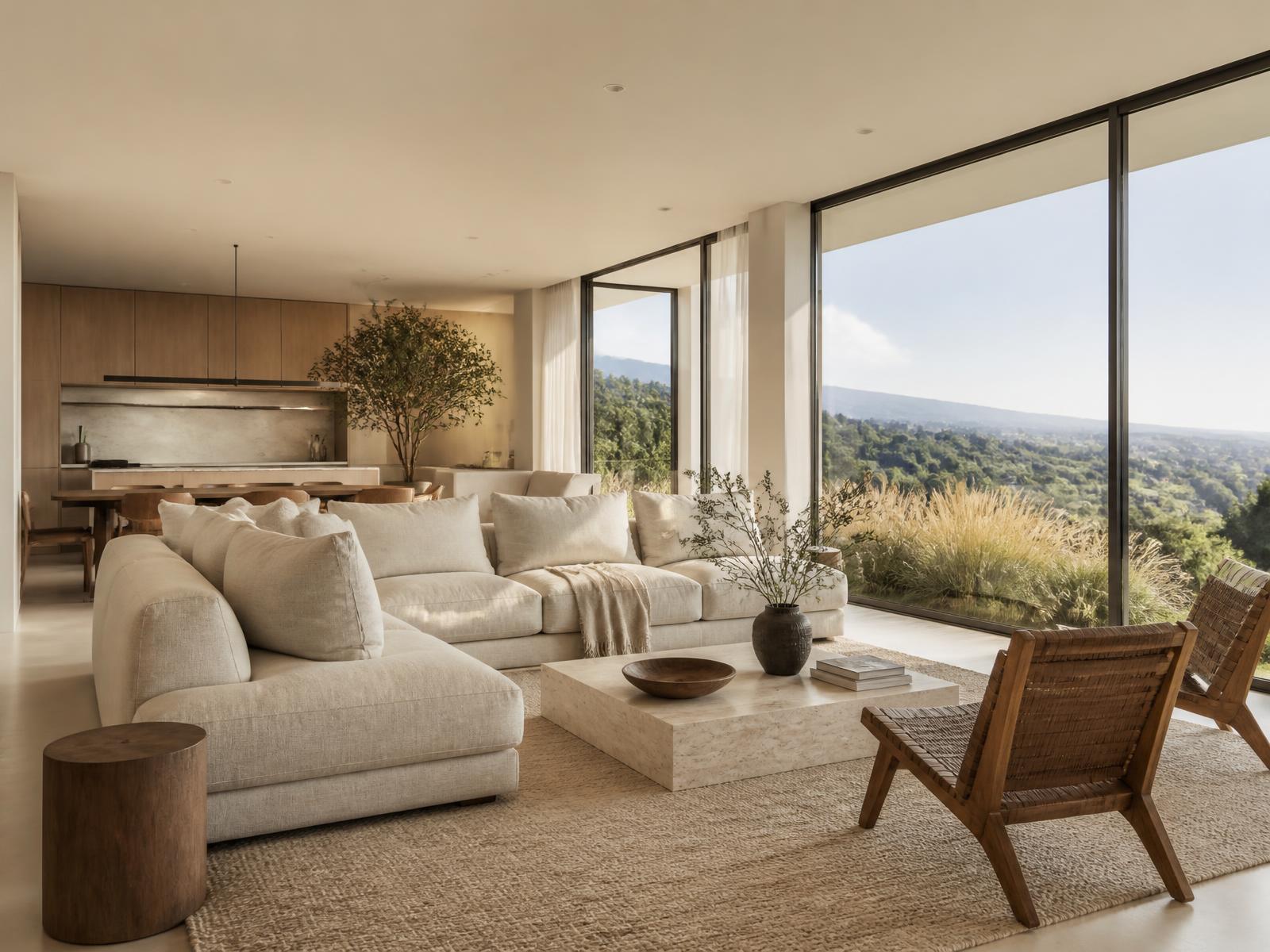 Sunlit modern living room with floor-to-ceiling windows
