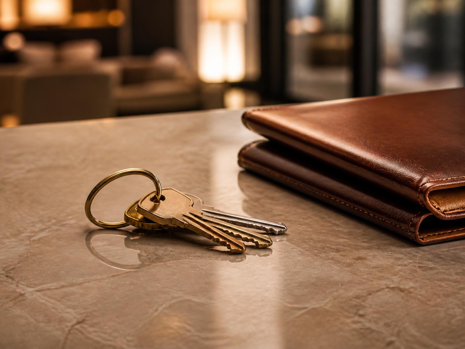 Set of keys and a leather folio resting on a stone countertop