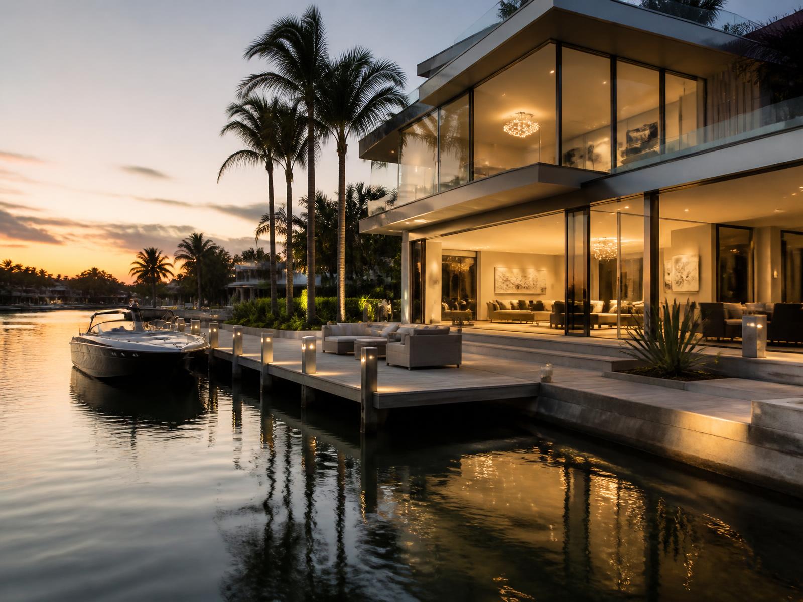 Luxury Fort Lauderdale waterfront residence at dusk